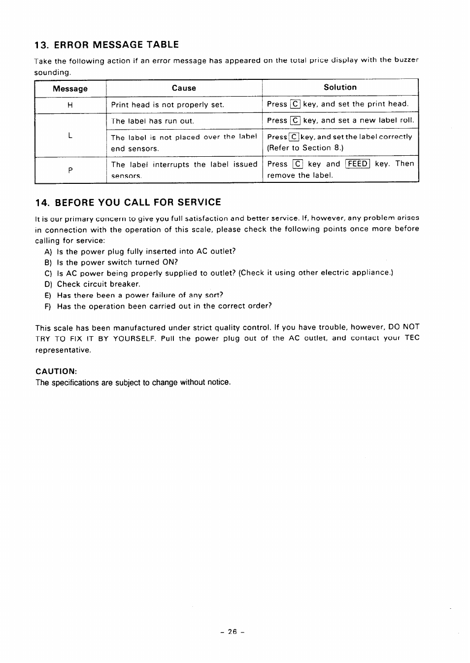 Error message table, Before you call for service | Toshiba TEC SL57 SERIES User Manual | Page 29 / 30