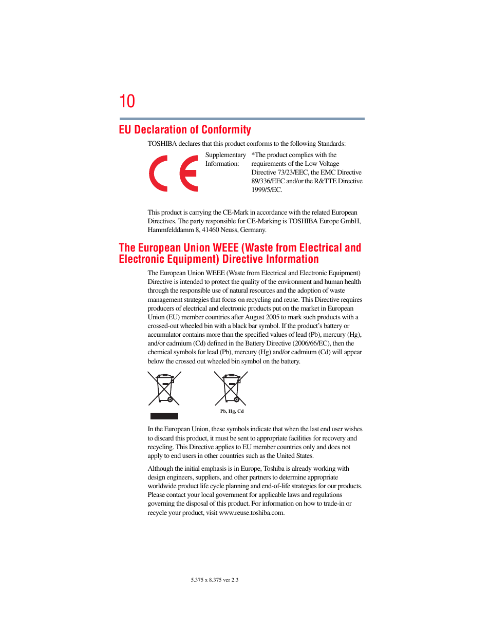 Eu declaration of conformity | Toshiba SATELLITE E300 User Manual | Page 10 / 213