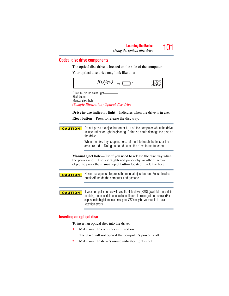 Optical disc drive components, Inserting an optical disc | Toshiba SATELLITE E300 User Manual | Page 101 / 213