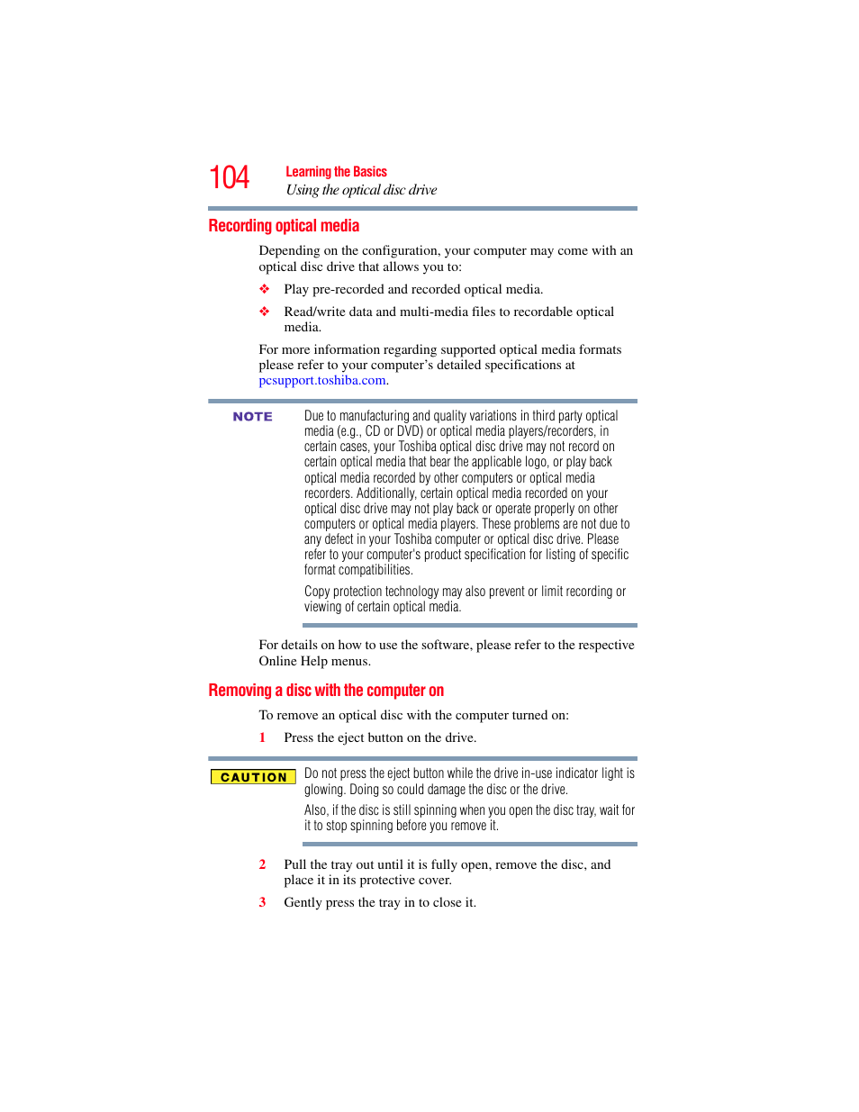 Recording optical media, Removing a disc with the computer on | Toshiba SATELLITE E300 User Manual | Page 104 / 213