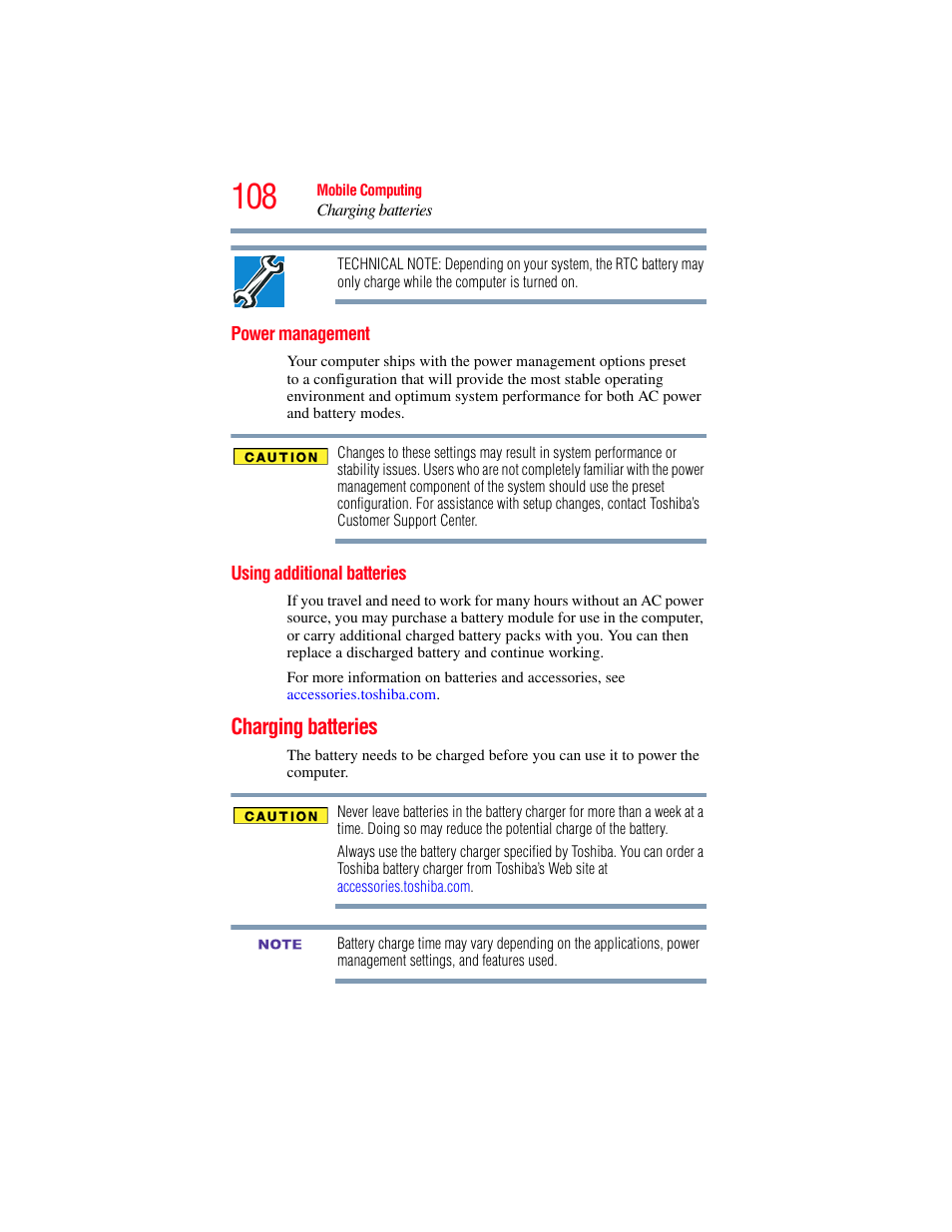 Power management, Using additional batteries, Charging batteries | Power management using additional batteries | Toshiba SATELLITE E300 User Manual | Page 108 / 213