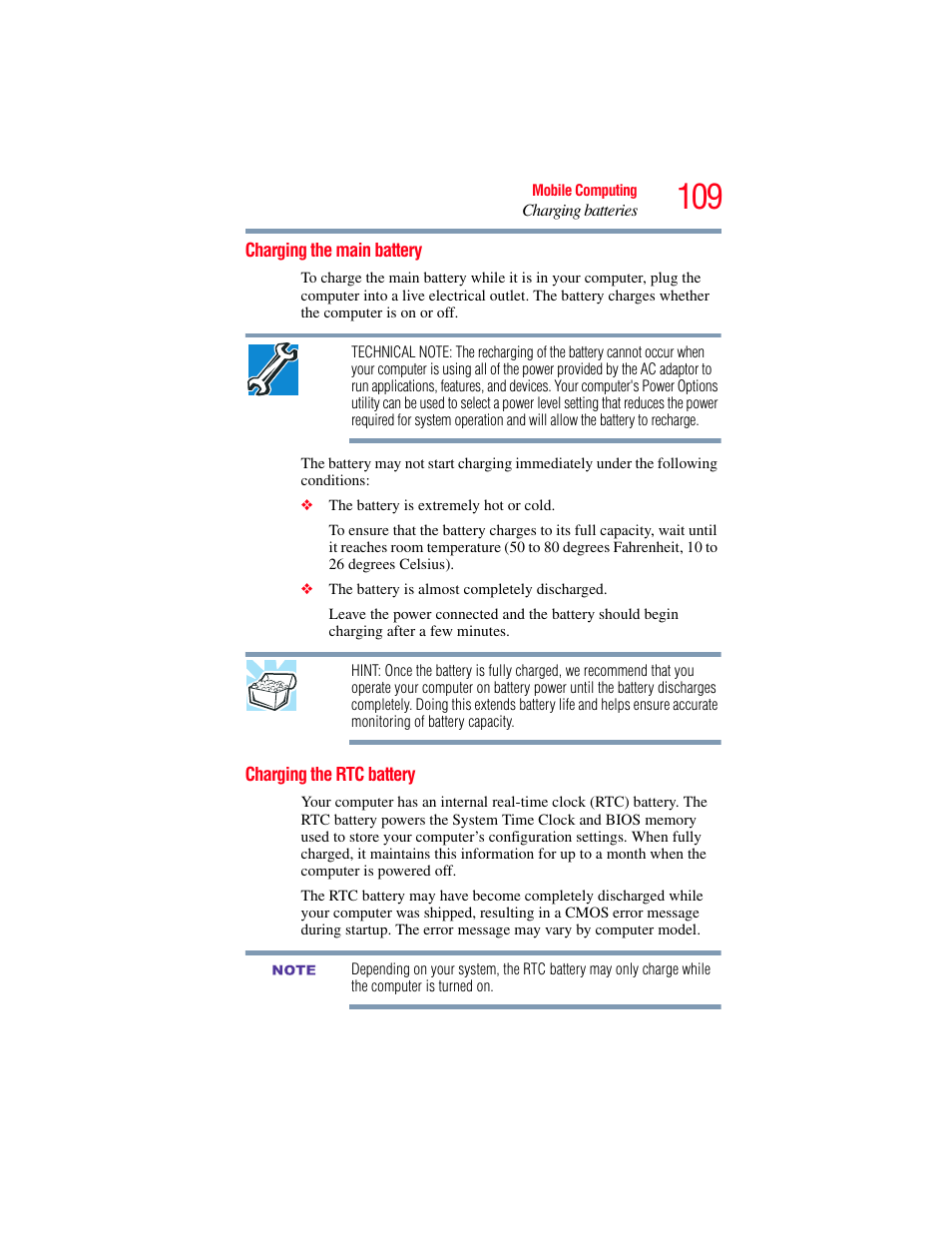 Charging the main battery, Charging the rtc battery, Charging the main battery charging the rtc battery | Toshiba SATELLITE E300 User Manual | Page 109 / 213