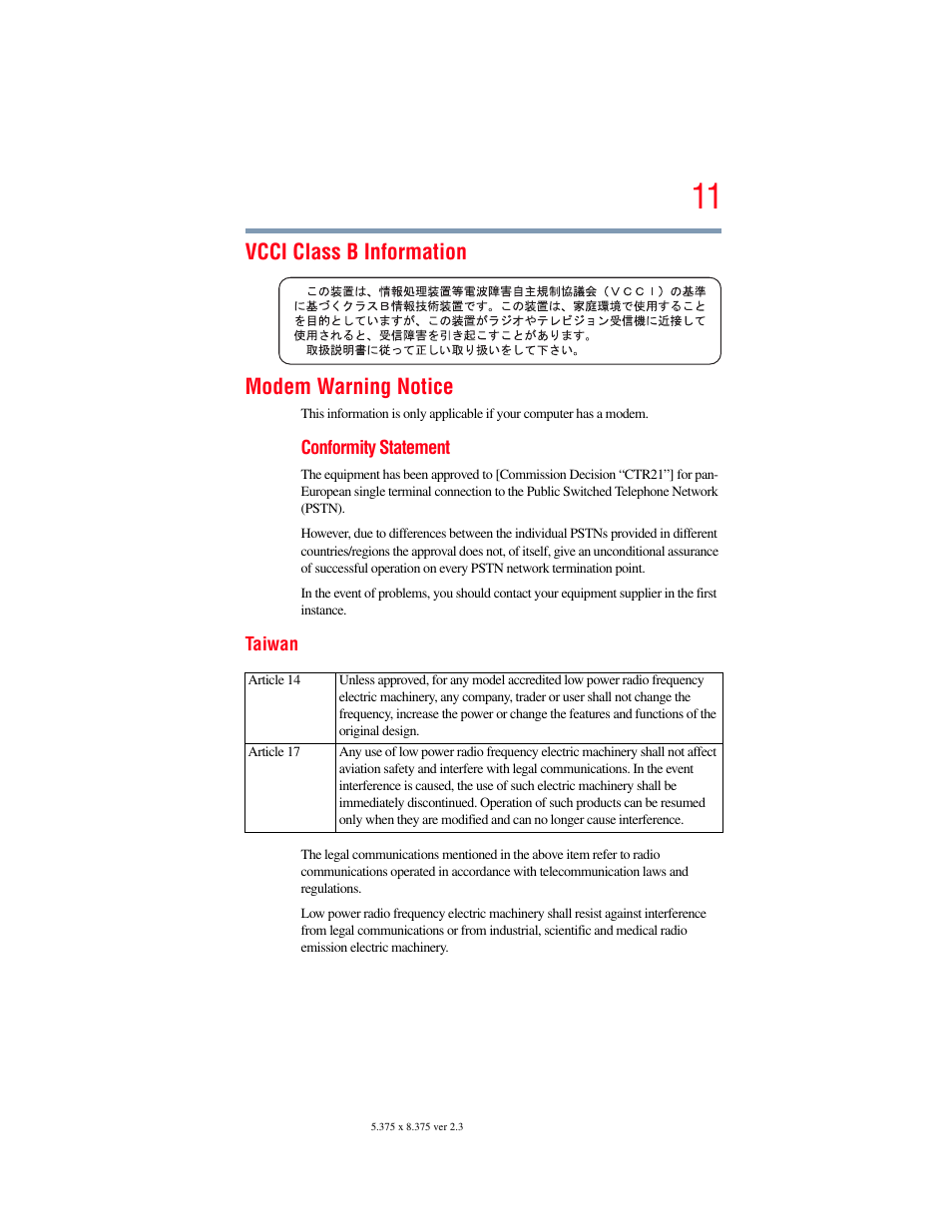 Vcci class b information modem warning notice | Toshiba SATELLITE E300 User Manual | Page 11 / 213