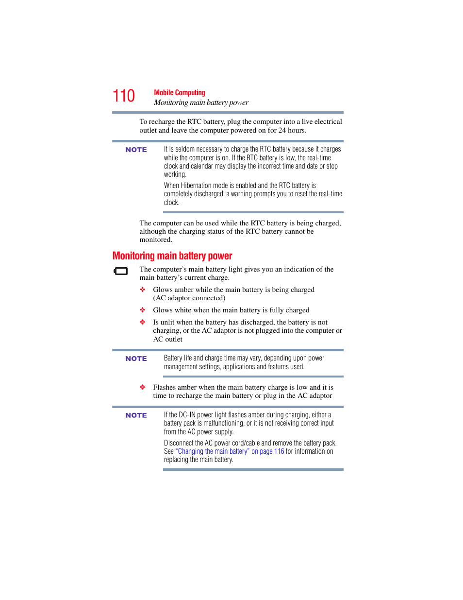 Monitoring main battery power | Toshiba SATELLITE E300 User Manual | Page 110 / 213