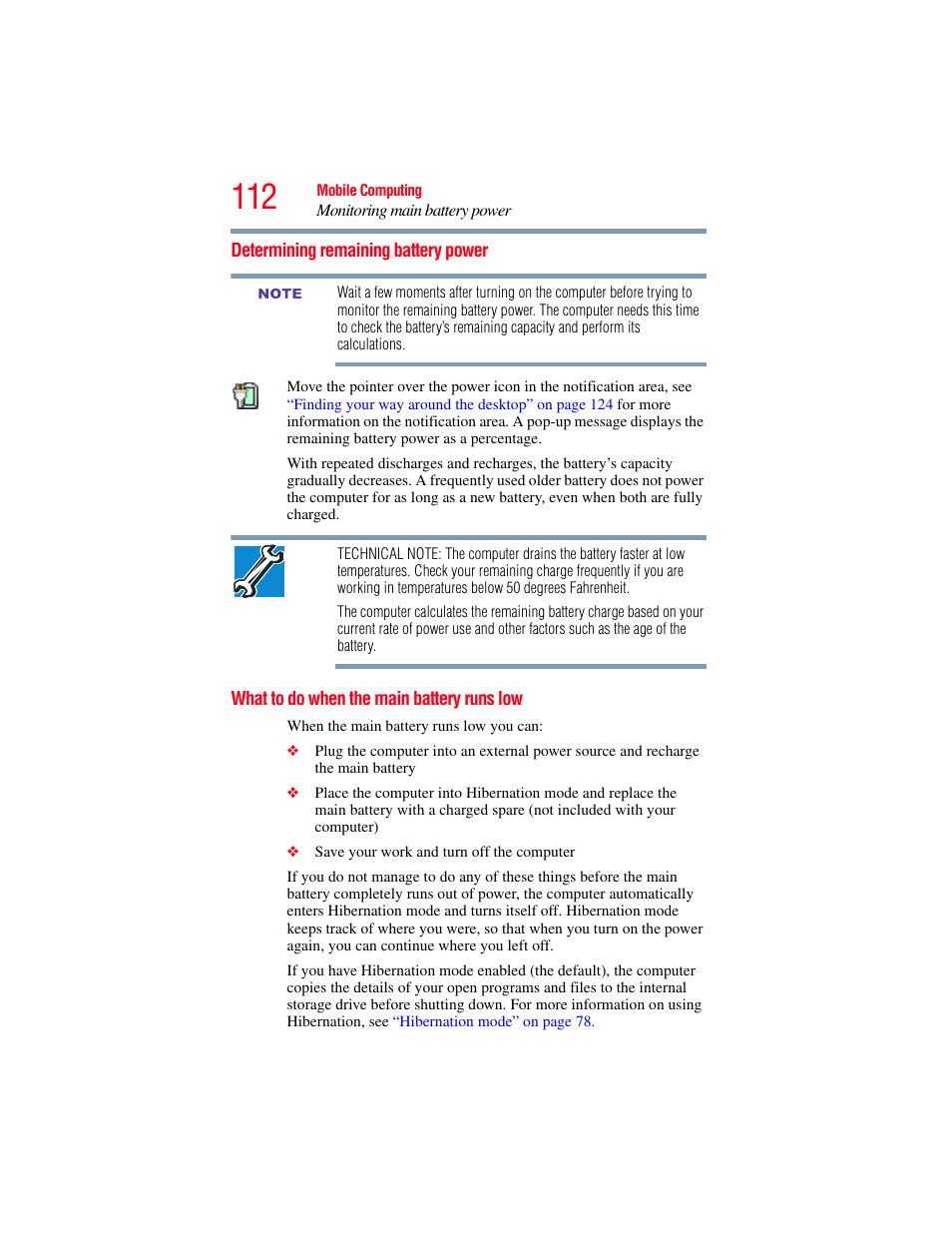 Determining remaining battery power, What to do when the main battery runs low | Toshiba SATELLITE E300 User Manual | Page 112 / 213