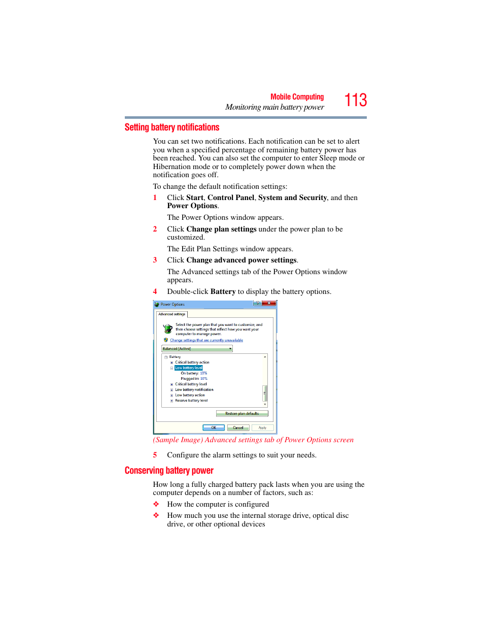 Setting battery notifications, Conserving battery power | Toshiba SATELLITE E300 User Manual | Page 113 / 213