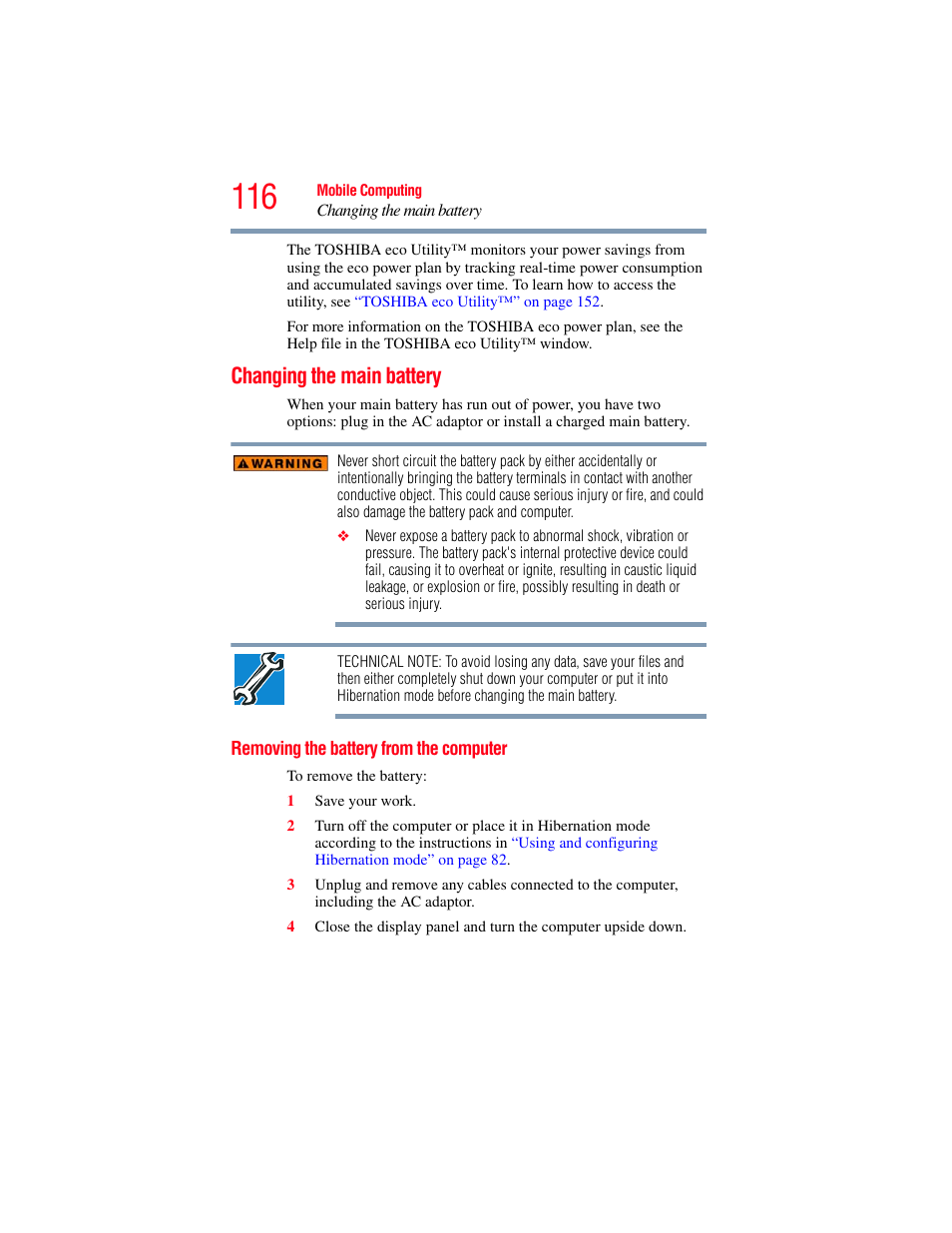 Changing the main battery, Removing the battery from the computer | Toshiba SATELLITE E300 User Manual | Page 116 / 213