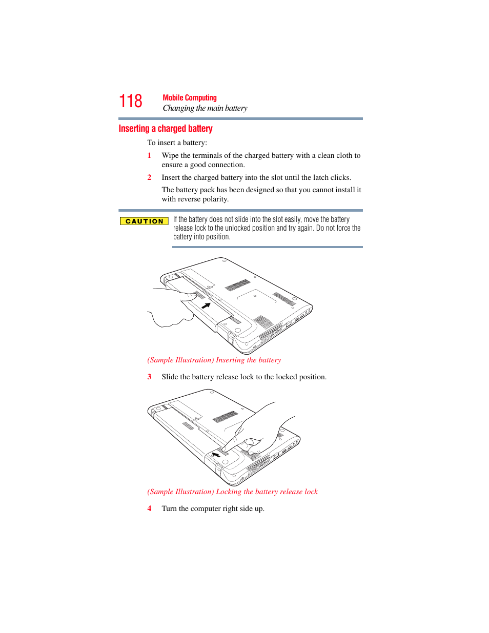 Inserting a charged battery | Toshiba SATELLITE E300 User Manual | Page 118 / 213