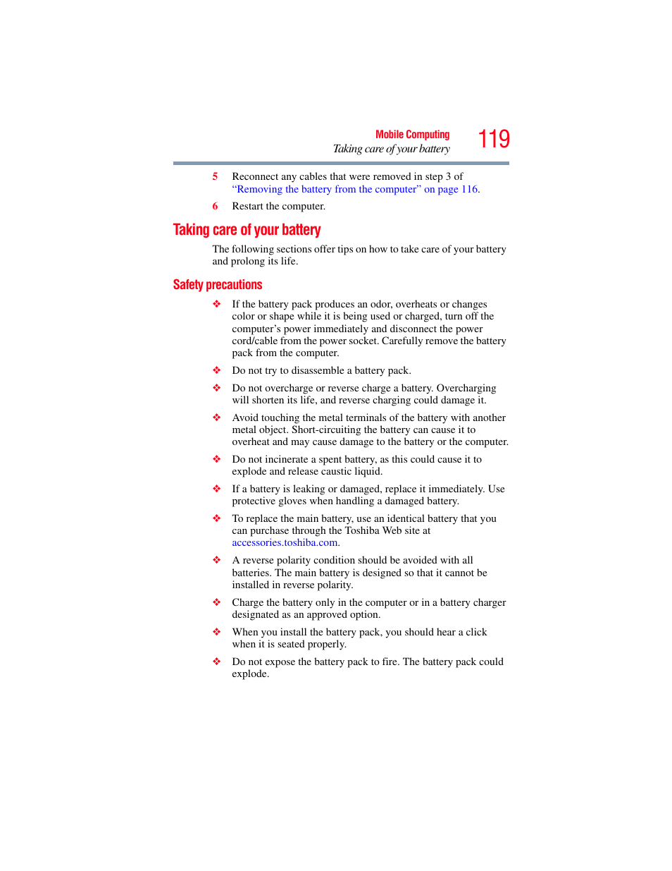 Taking care of your battery, Safety precautions | Toshiba SATELLITE E300 User Manual | Page 119 / 213