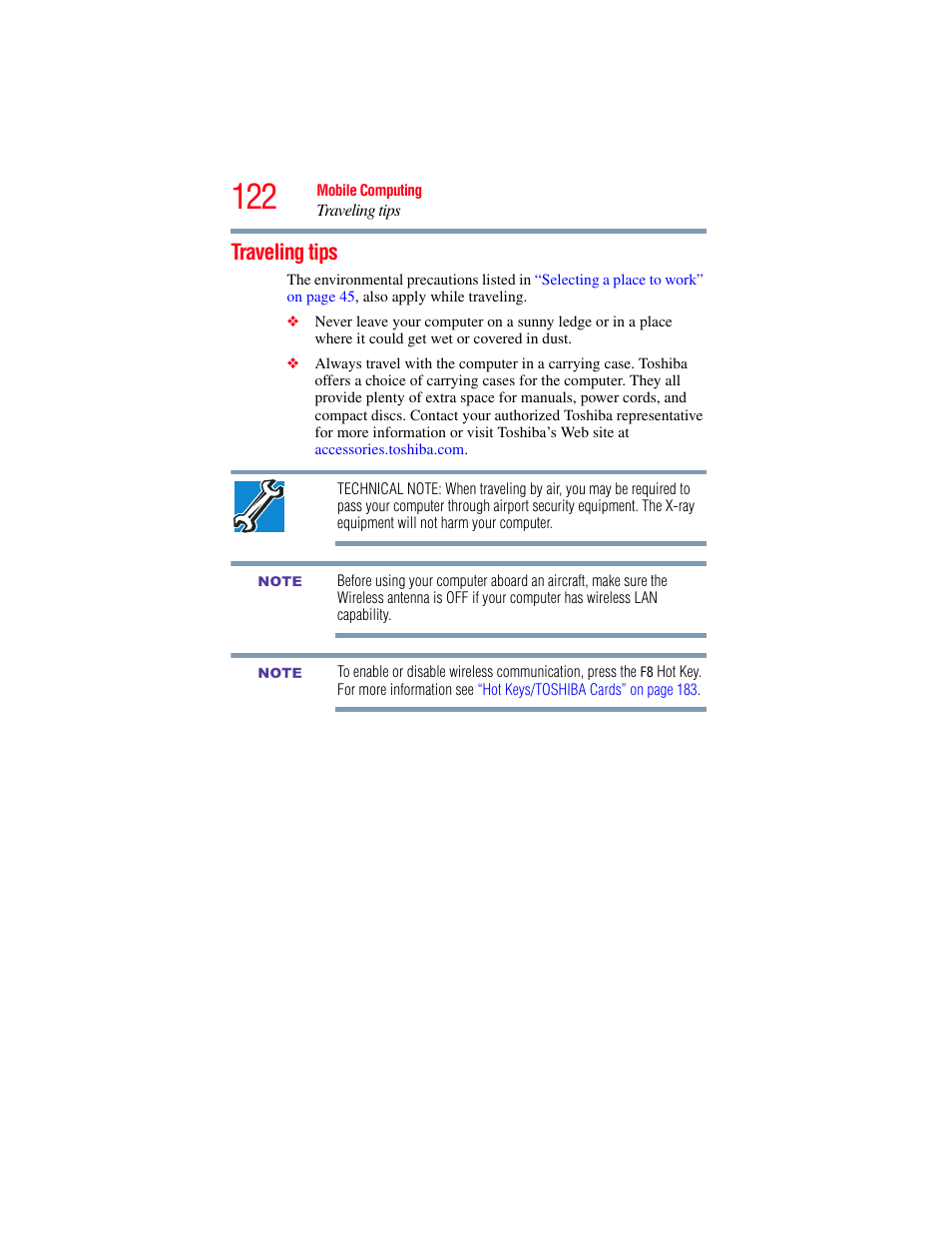 Traveling tips | Toshiba SATELLITE E300 User Manual | Page 122 / 213