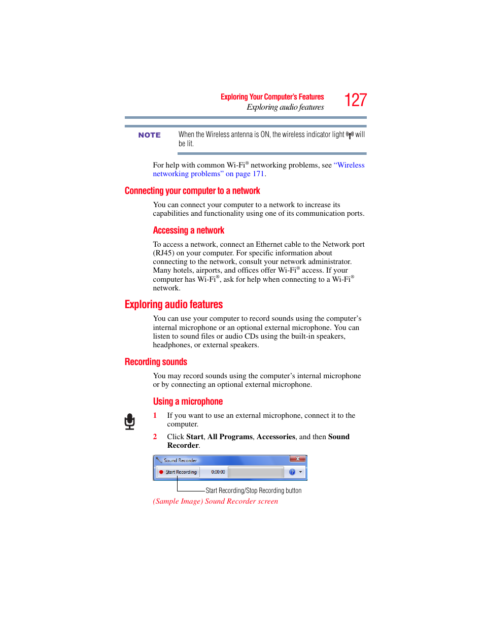 Connecting your computer to a network, Exploring audio features, Recording sounds | Toshiba SATELLITE E300 User Manual | Page 127 / 213