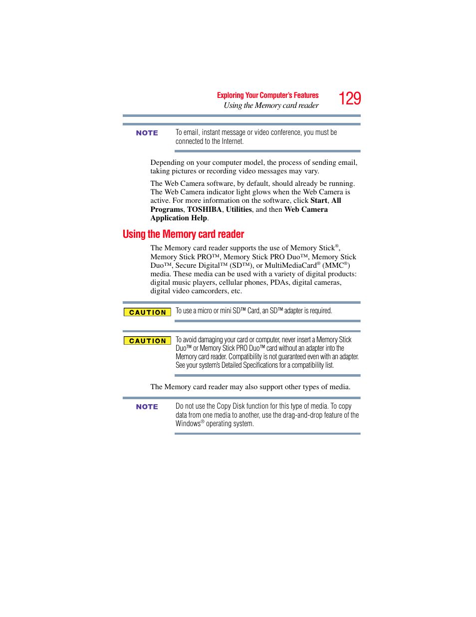 Using the memory card reader | Toshiba SATELLITE E300 User Manual | Page 129 / 213