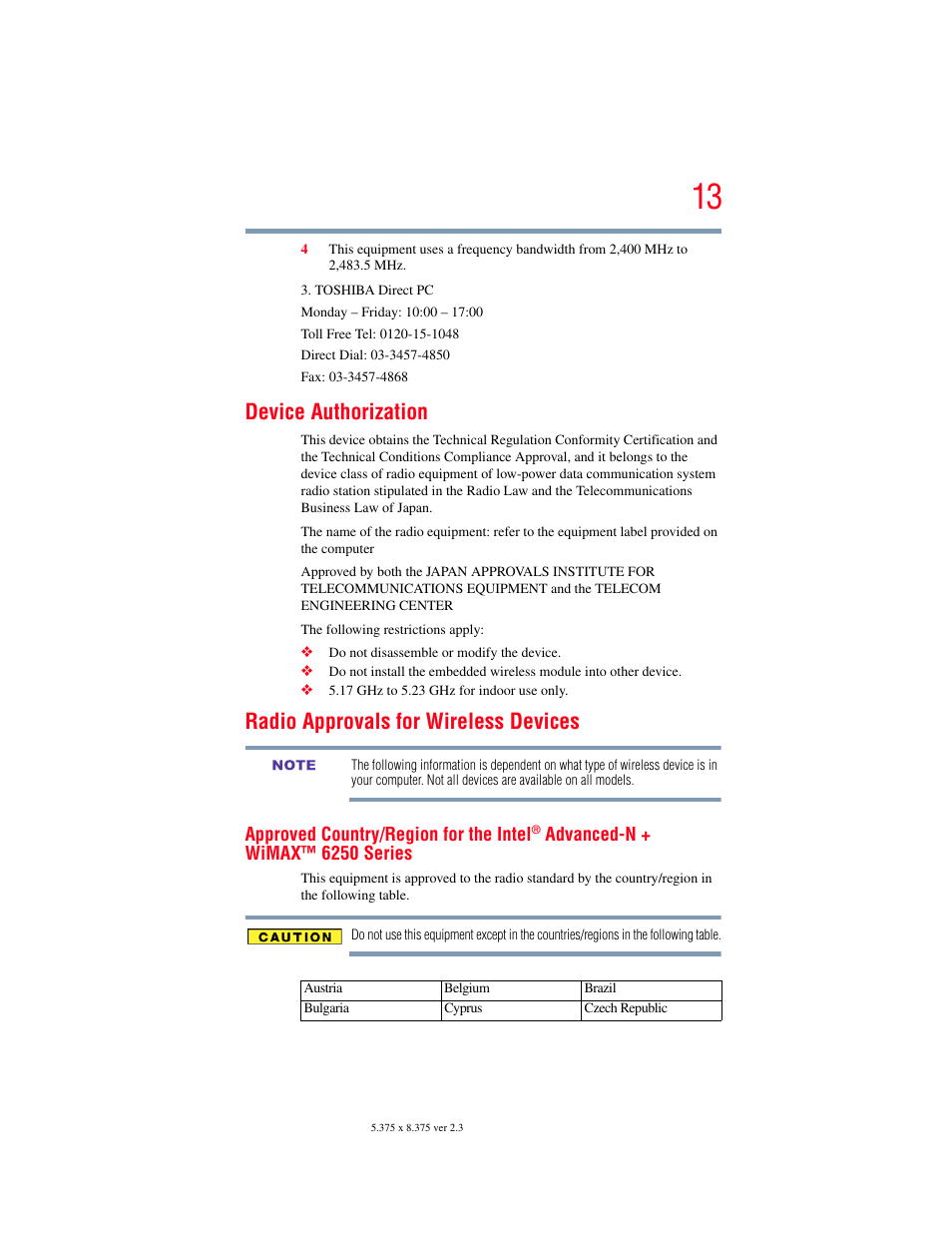 Device authorization, Radio approvals for wireless devices | Toshiba SATELLITE E300 User Manual | Page 13 / 213