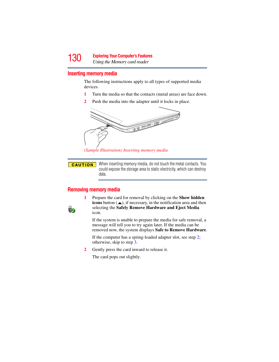 Inserting memory media, Removing memory media, Inserting memory media removing memory media | Toshiba SATELLITE E300 User Manual | Page 130 / 213