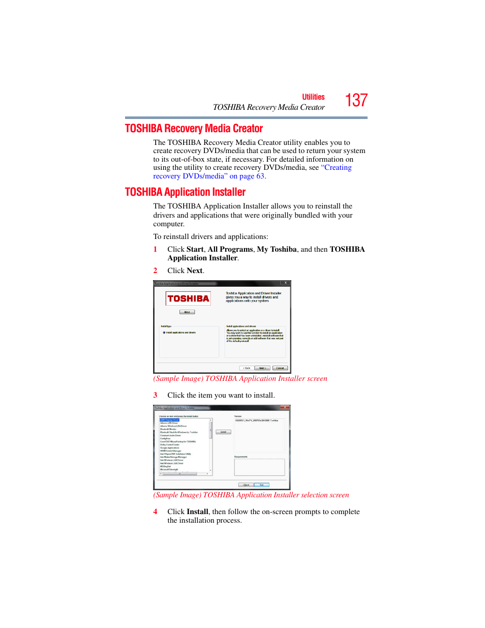 Toshiba recovery media creator, Toshiba application installer | Toshiba SATELLITE E300 User Manual | Page 137 / 213