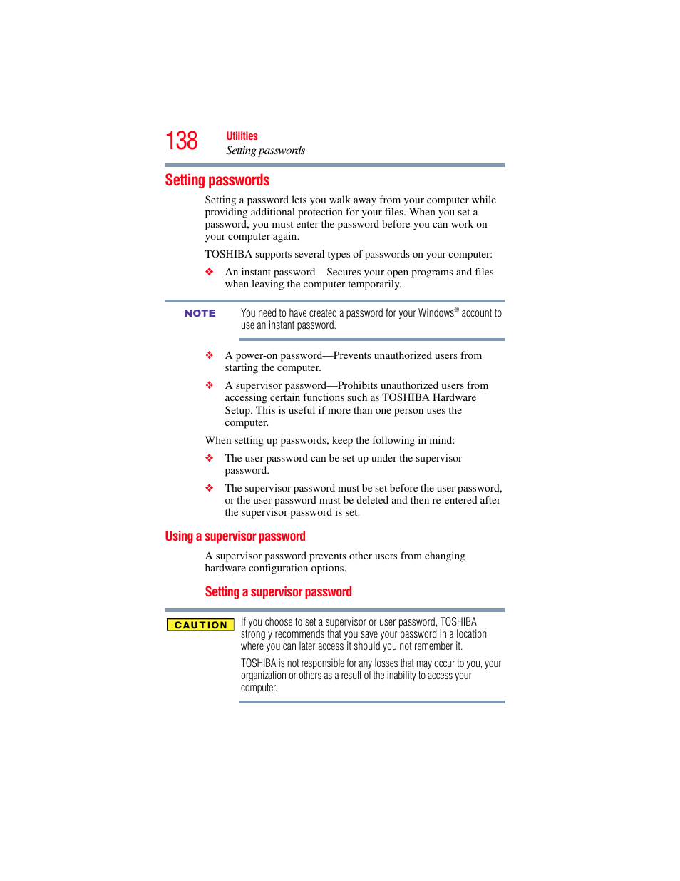 Setting passwords, Using a supervisor password, Supervisor password | Toshiba SATELLITE E300 User Manual | Page 138 / 213