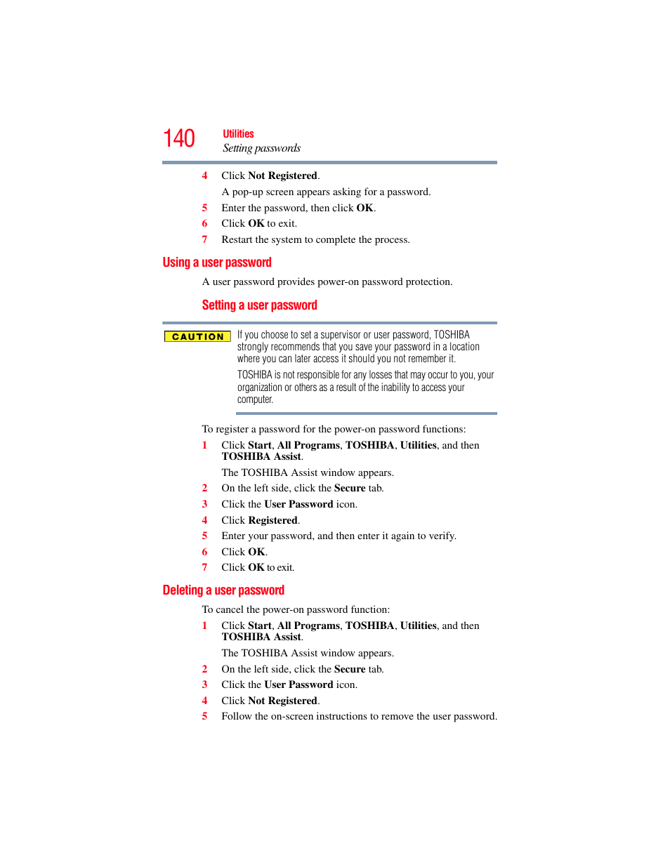 Using a user password, Deleting a user password, Using a user password deleting a user password | User password | Toshiba SATELLITE E300 User Manual | Page 140 / 213