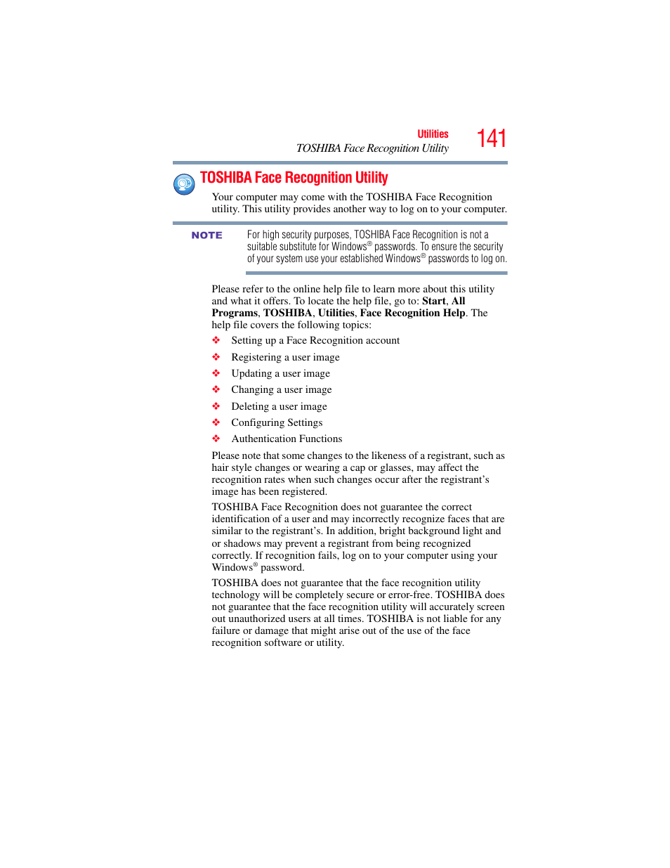 Toshiba face recognition utility | Toshiba SATELLITE E300 User Manual | Page 141 / 213