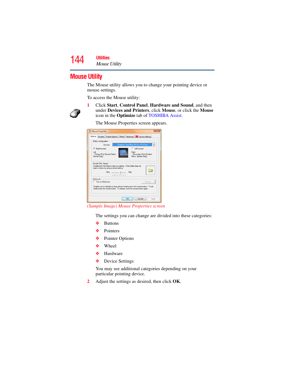 Mouse utility | Toshiba SATELLITE E300 User Manual | Page 144 / 213