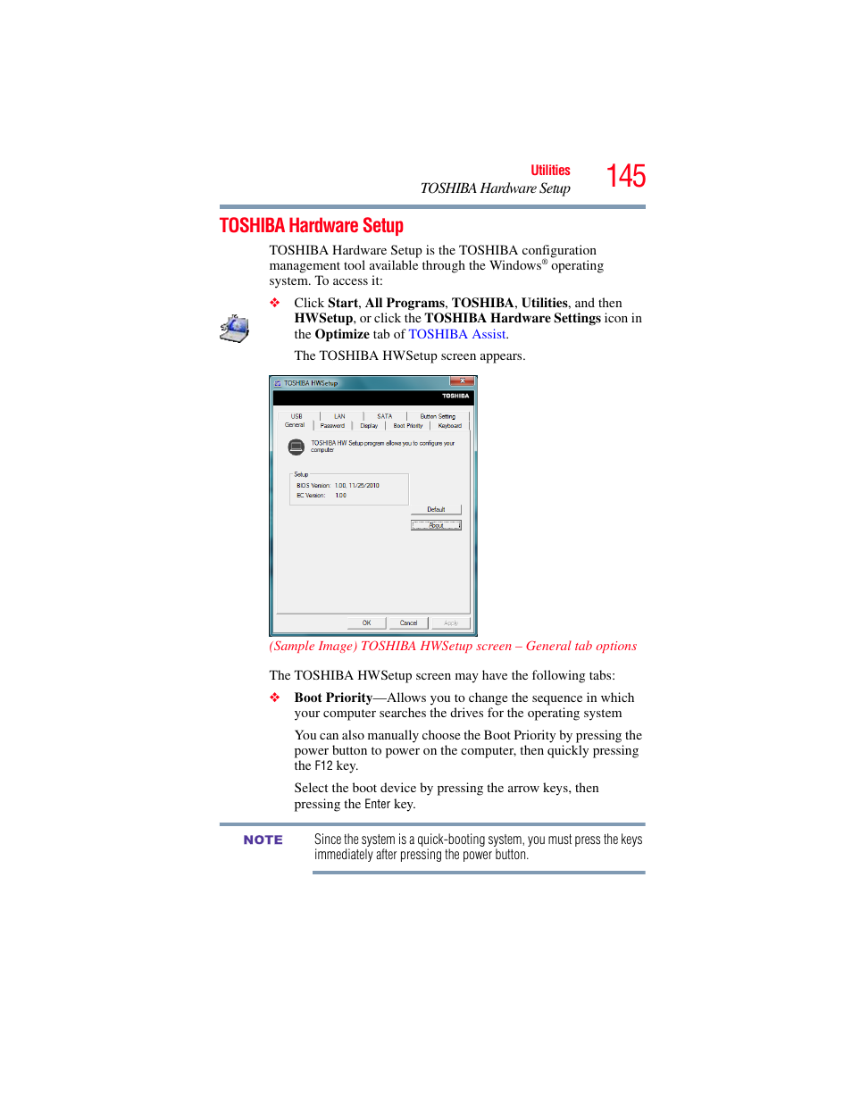 Toshiba hardware setup, Hardw | Toshiba SATELLITE E300 User Manual | Page 145 / 213