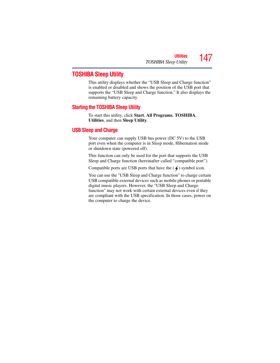 Toshiba sleep utility, Starting the toshiba sleep utility, Usb sleep and charge | Toshiba SATELLITE E300 User Manual | Page 147 / 213