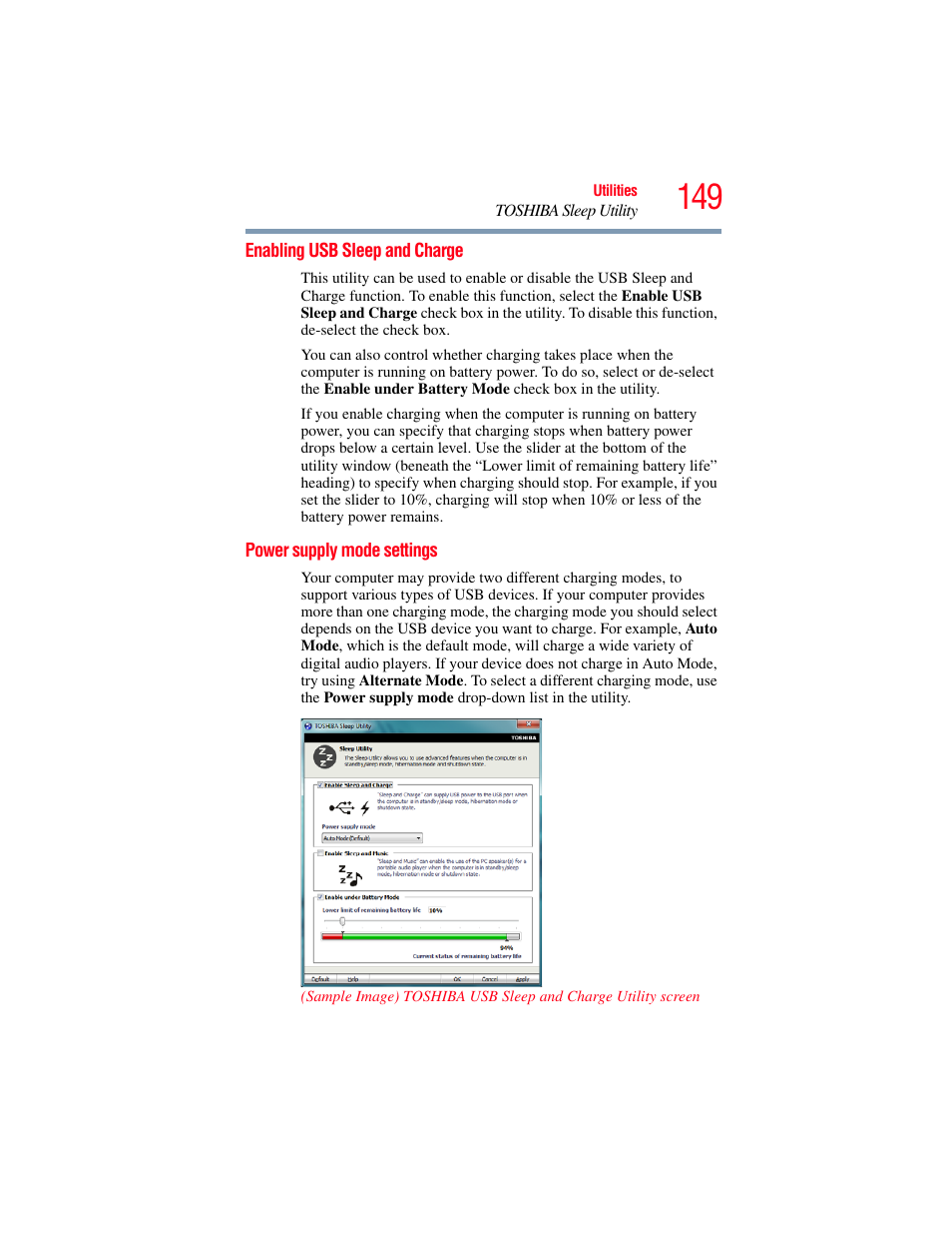 Enabling usb sleep and charge, Power supply mode settings | Toshiba SATELLITE E300 User Manual | Page 149 / 213