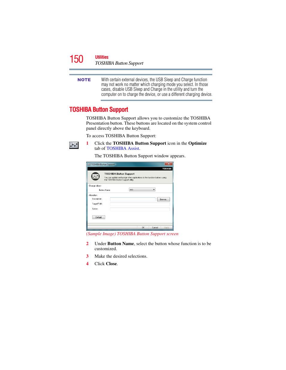 Toshiba button support | Toshiba SATELLITE E300 User Manual | Page 150 / 213