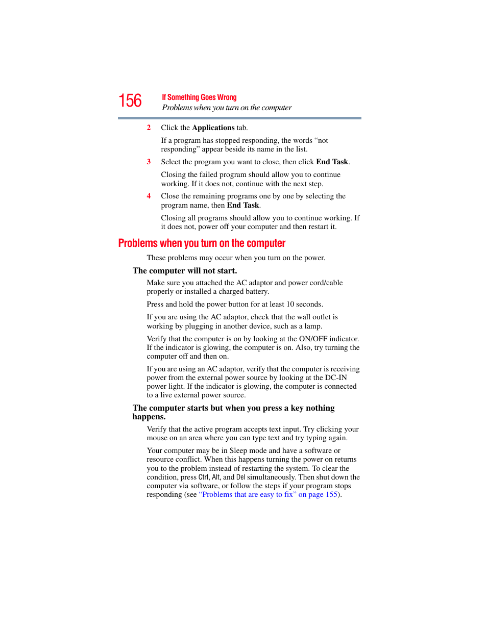 Problems when you turn on the computer | Toshiba SATELLITE E300 User Manual | Page 156 / 213