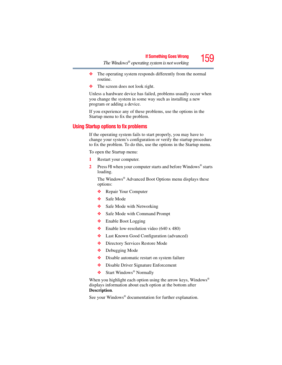 Using startup options to fix problems | Toshiba SATELLITE E300 User Manual | Page 159 / 213