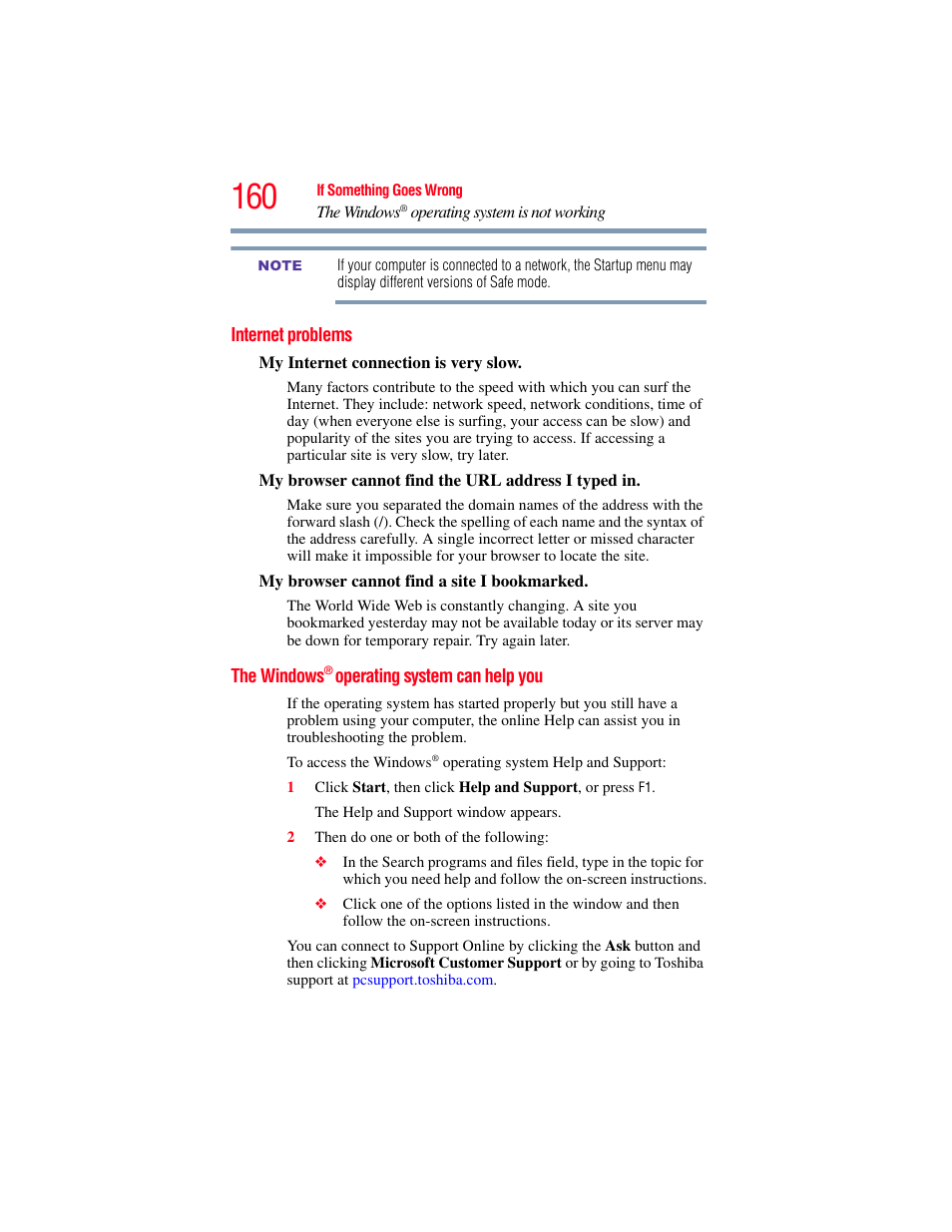 Internet problems, The windows® operating system can help you, Internet problems the windows | Operating system can help | Toshiba SATELLITE E300 User Manual | Page 160 / 213