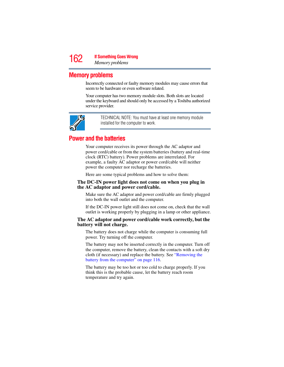 Memory problems, Power and the batteries, Memory problems power and the batteries | Toshiba SATELLITE E300 User Manual | Page 162 / 213