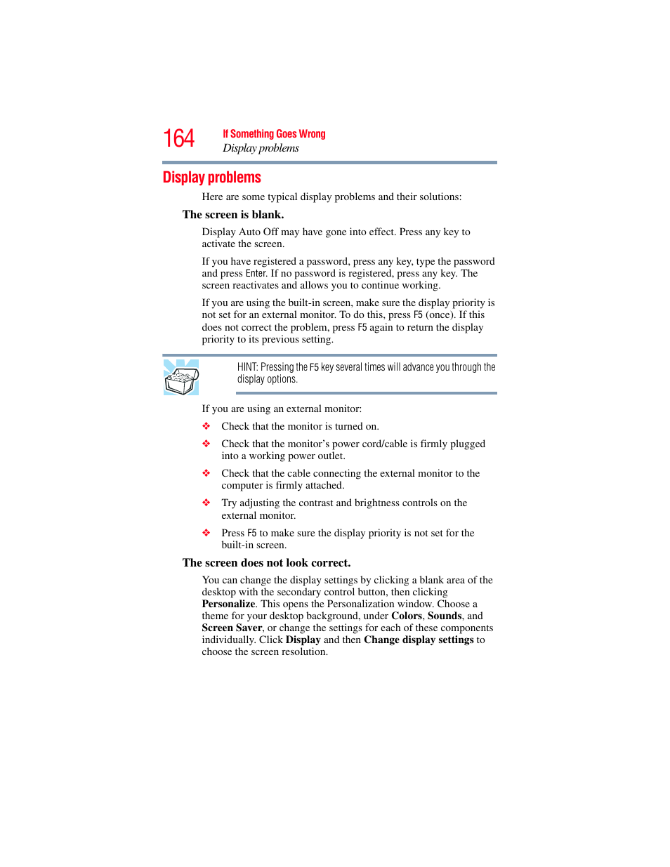 Display problems | Toshiba SATELLITE E300 User Manual | Page 164 / 213