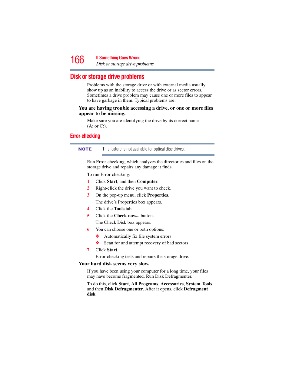 Disk or storage drive problems, Error-checking | Toshiba SATELLITE E300 User Manual | Page 166 / 213