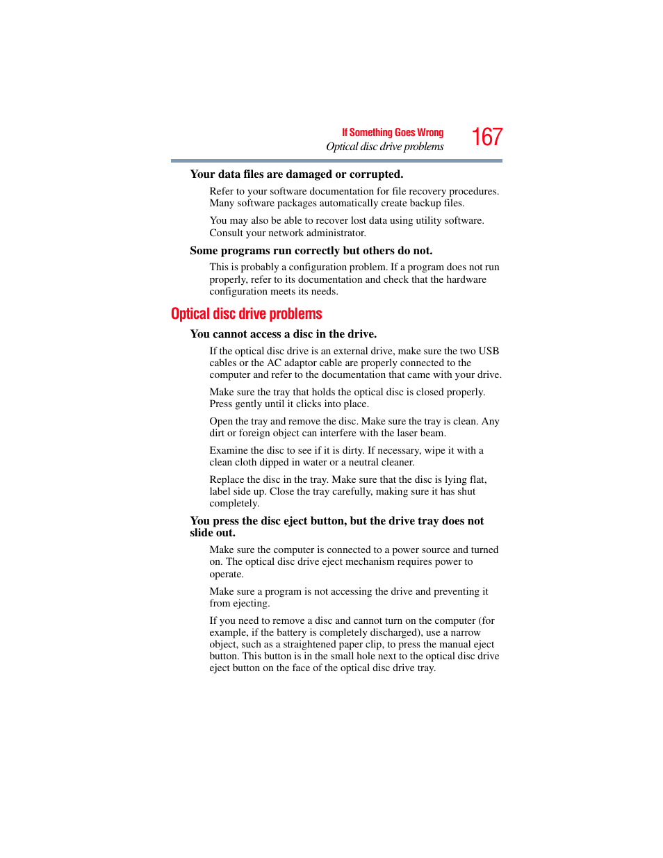 Optical disc drive problems | Toshiba SATELLITE E300 User Manual | Page 167 / 213