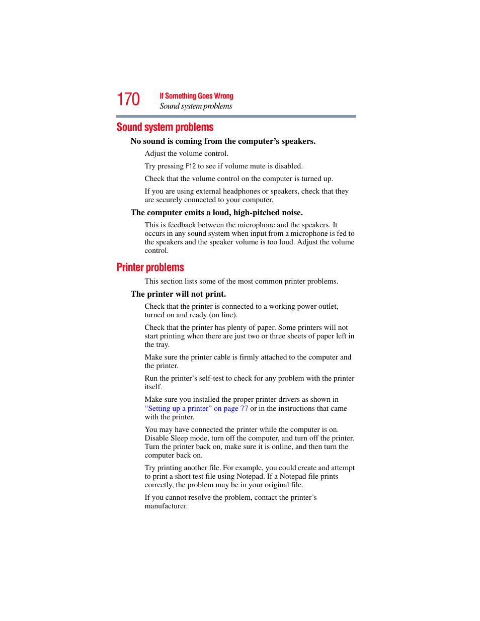 Sound system problems, Printer problems, Sound system problems printer problems | Toshiba SATELLITE E300 User Manual | Page 170 / 213