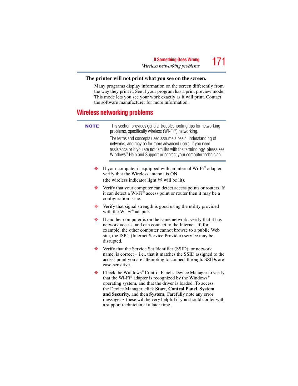 Wireless networking problems | Toshiba SATELLITE E300 User Manual | Page 171 / 213