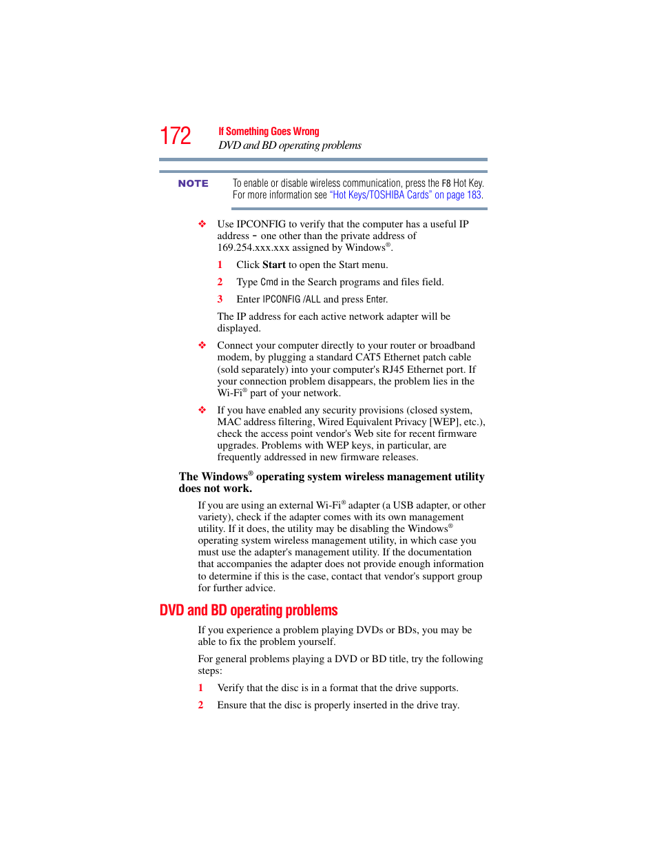 Dvd and bd operating problems | Toshiba SATELLITE E300 User Manual | Page 172 / 213