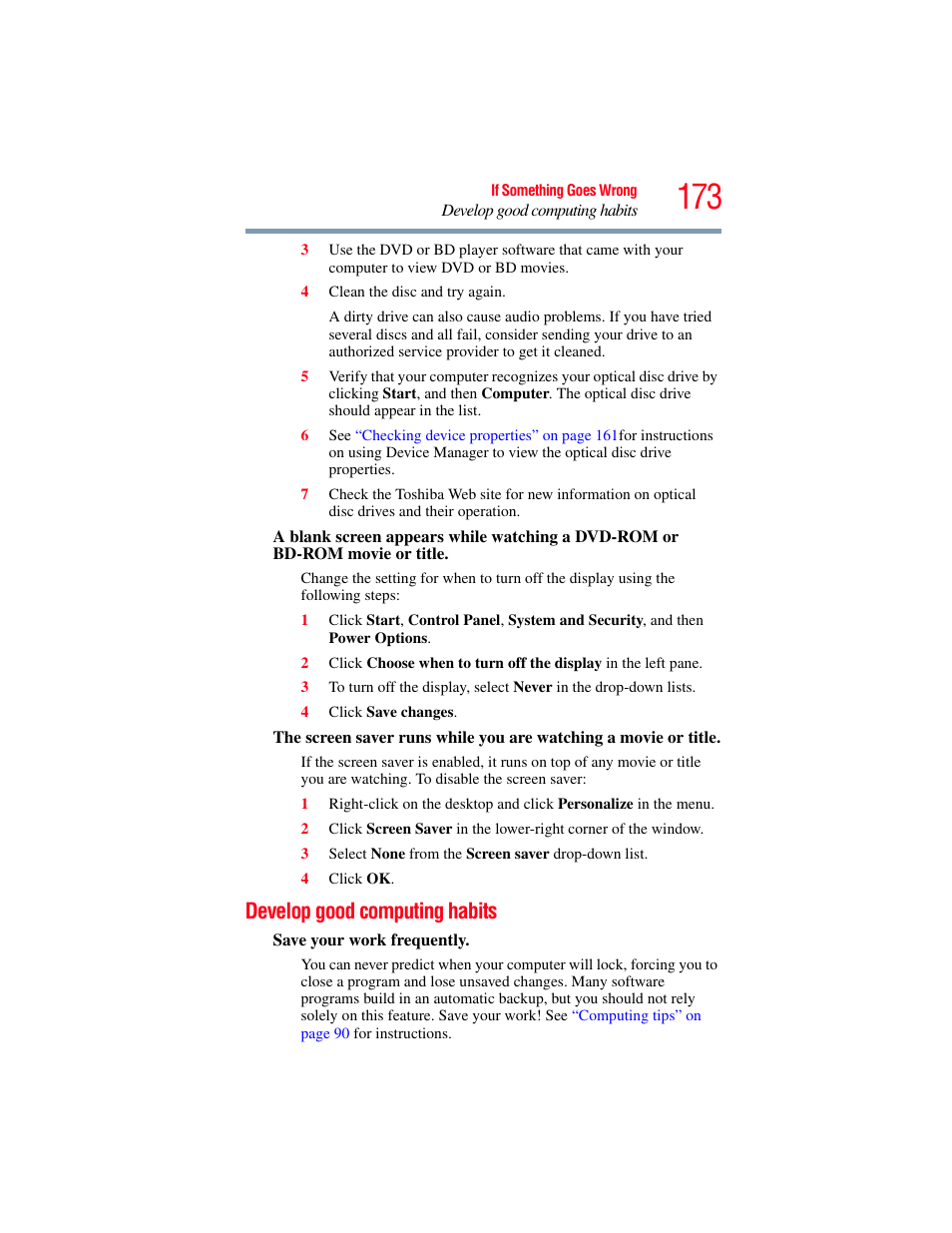 Develop good computing habits | Toshiba SATELLITE E300 User Manual | Page 173 / 213