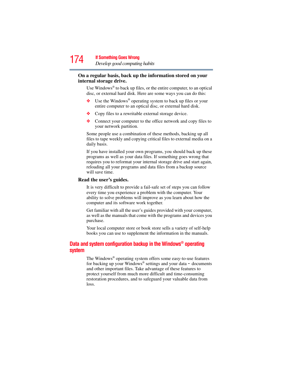 Data and system configuration backup in, The windows, Operating system | Toshiba SATELLITE E300 User Manual | Page 174 / 213