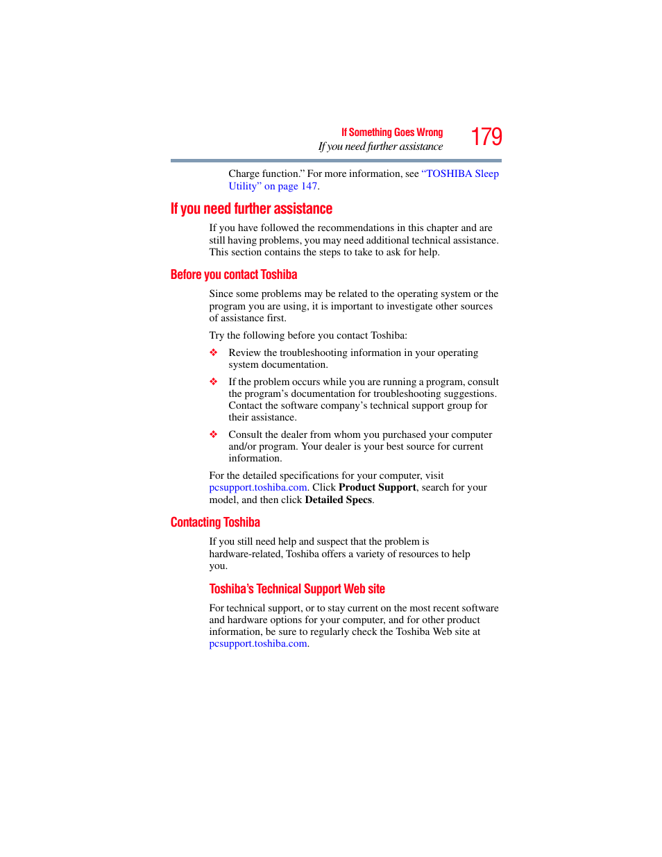 If you need further assistance, Before you contact toshiba, Contacting toshiba | Before you contact toshiba contacting toshiba | Toshiba SATELLITE E300 User Manual | Page 179 / 213