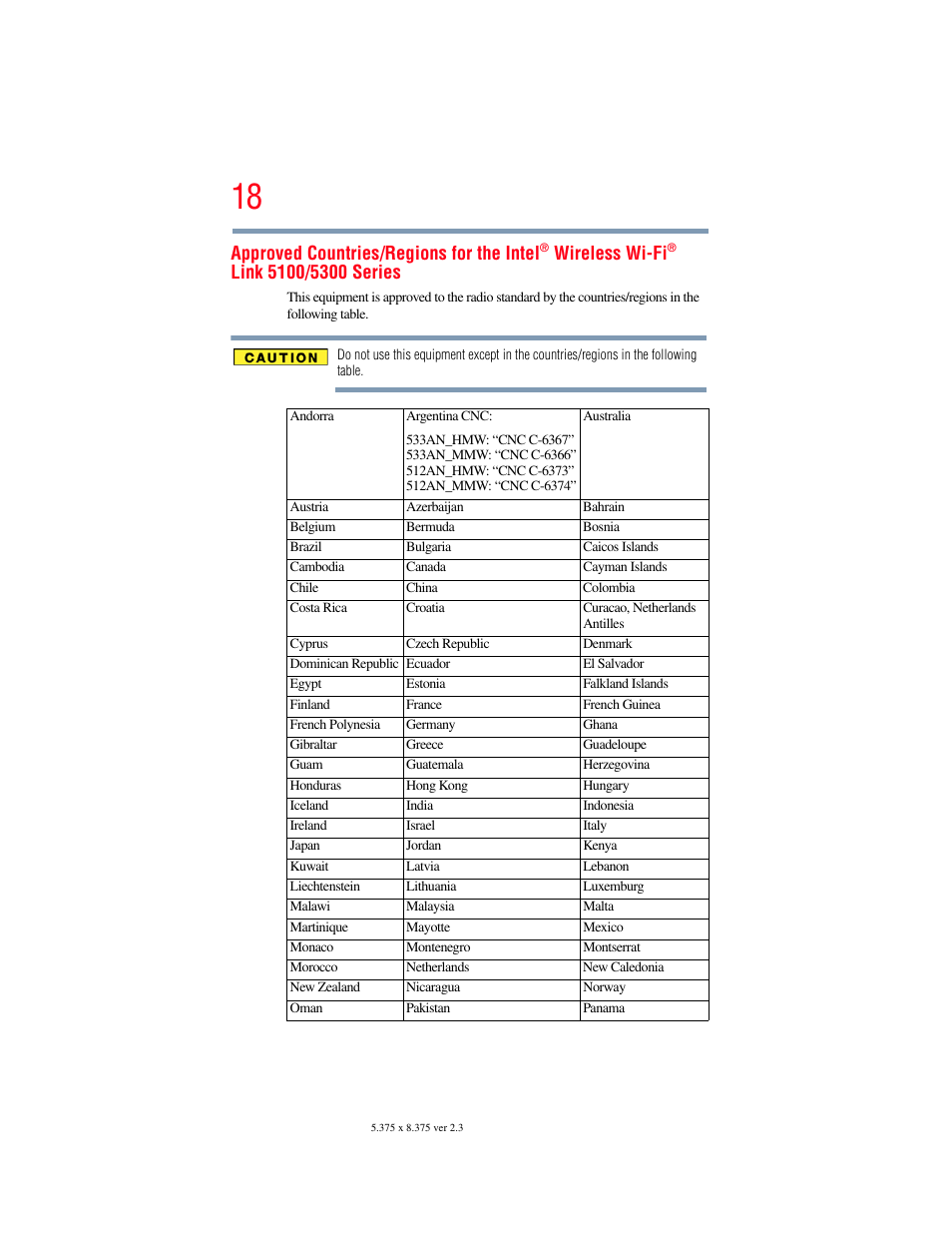 Approved countries/regions for the intel, Wireless wi-fi | Toshiba SATELLITE E300 User Manual | Page 18 / 213