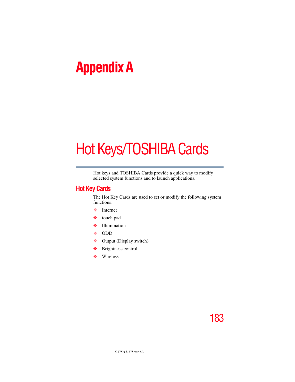 Appendix a: hot keys/toshiba cards, Hot key cards, Tion see | Hot keys/toshiba cards, Appendix a | Toshiba SATELLITE E300 User Manual | Page 183 / 213