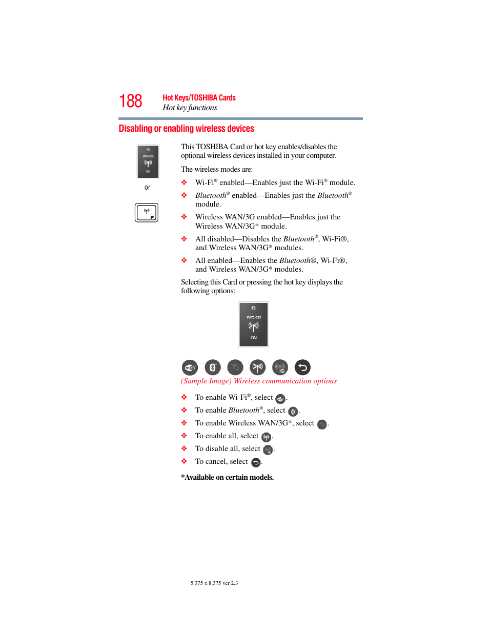 Disabling or enabling wireless devices | Toshiba SATELLITE E300 User Manual | Page 188 / 213