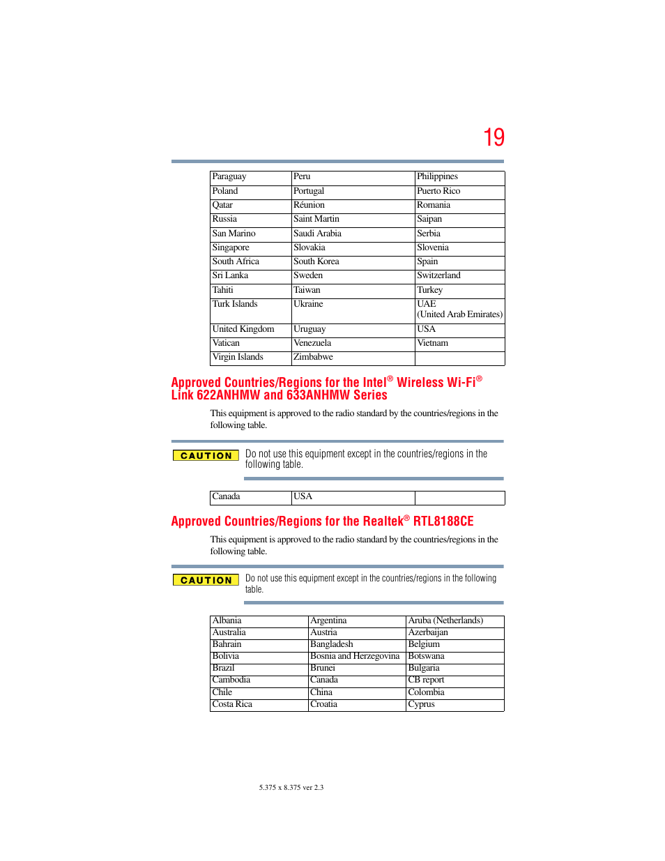 Approved countries/regions for the intel, Wireless wi-fi, Approved countries/regions for the realtek | Rtl8188ce | Toshiba SATELLITE E300 User Manual | Page 19 / 213