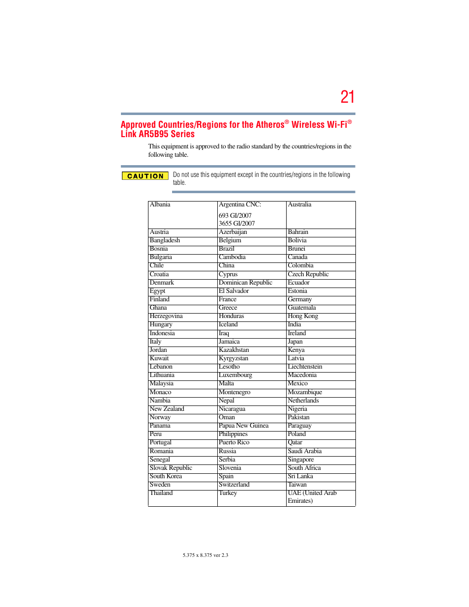 Approved countries/regions for the atheros, Wireless wi-fi, Link ar5b95 series | Toshiba SATELLITE E300 User Manual | Page 21 / 213