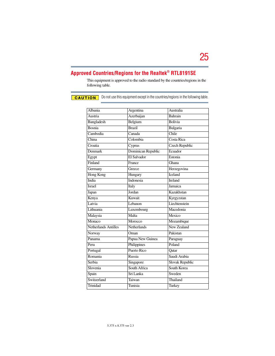 Approved countries/regions for the realtek, Rtl8191se | Toshiba SATELLITE E300 User Manual | Page 25 / 213