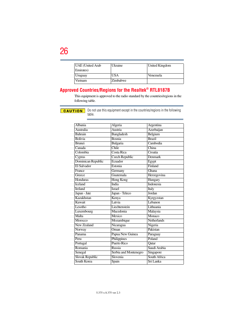 Approved countries/regions for the realtek, Rtl8187b | Toshiba SATELLITE E300 User Manual | Page 26 / 213