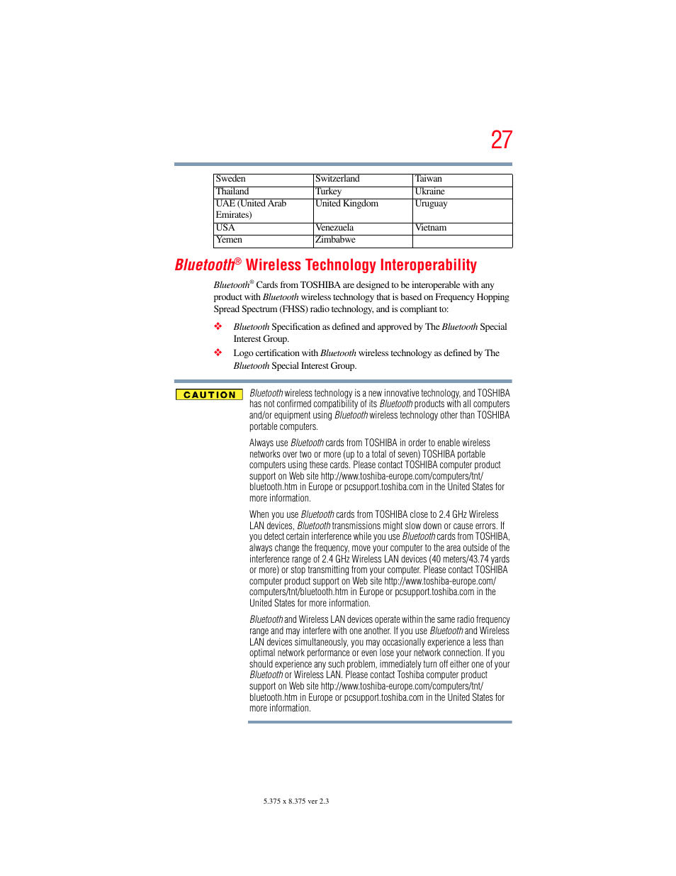 Bluetooth, Wireless technology interoperability | Toshiba SATELLITE E300 User Manual | Page 27 / 213