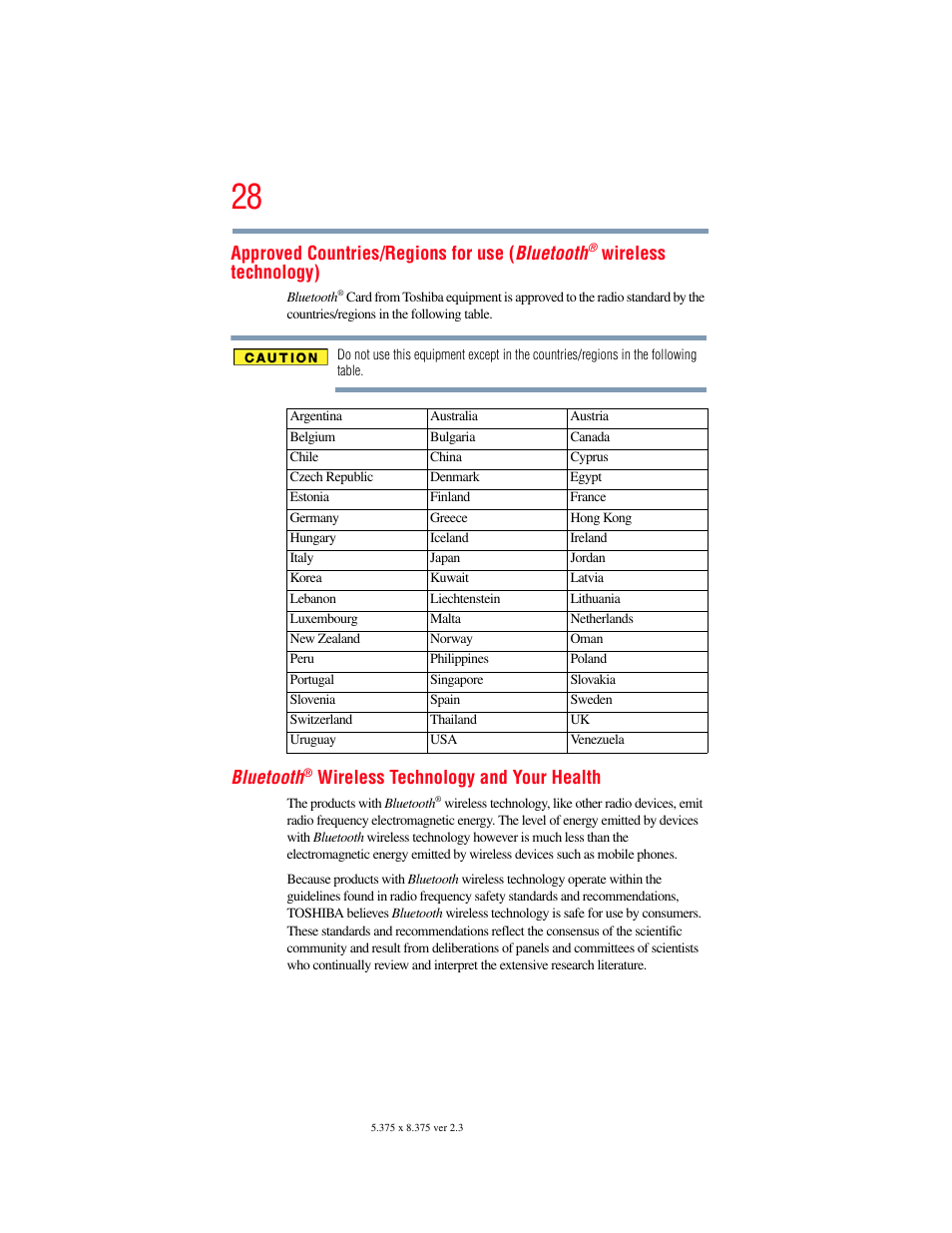 Approved countries/regions for use ( bluetooth, Wireless technology), Bluetooth | Wireless technology and your health | Toshiba SATELLITE E300 User Manual | Page 28 / 213