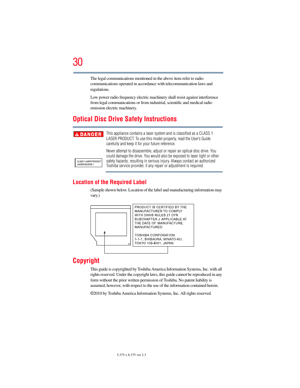 Optical disc drive safety instructions, Copyright | Toshiba SATELLITE E300 User Manual | Page 30 / 213